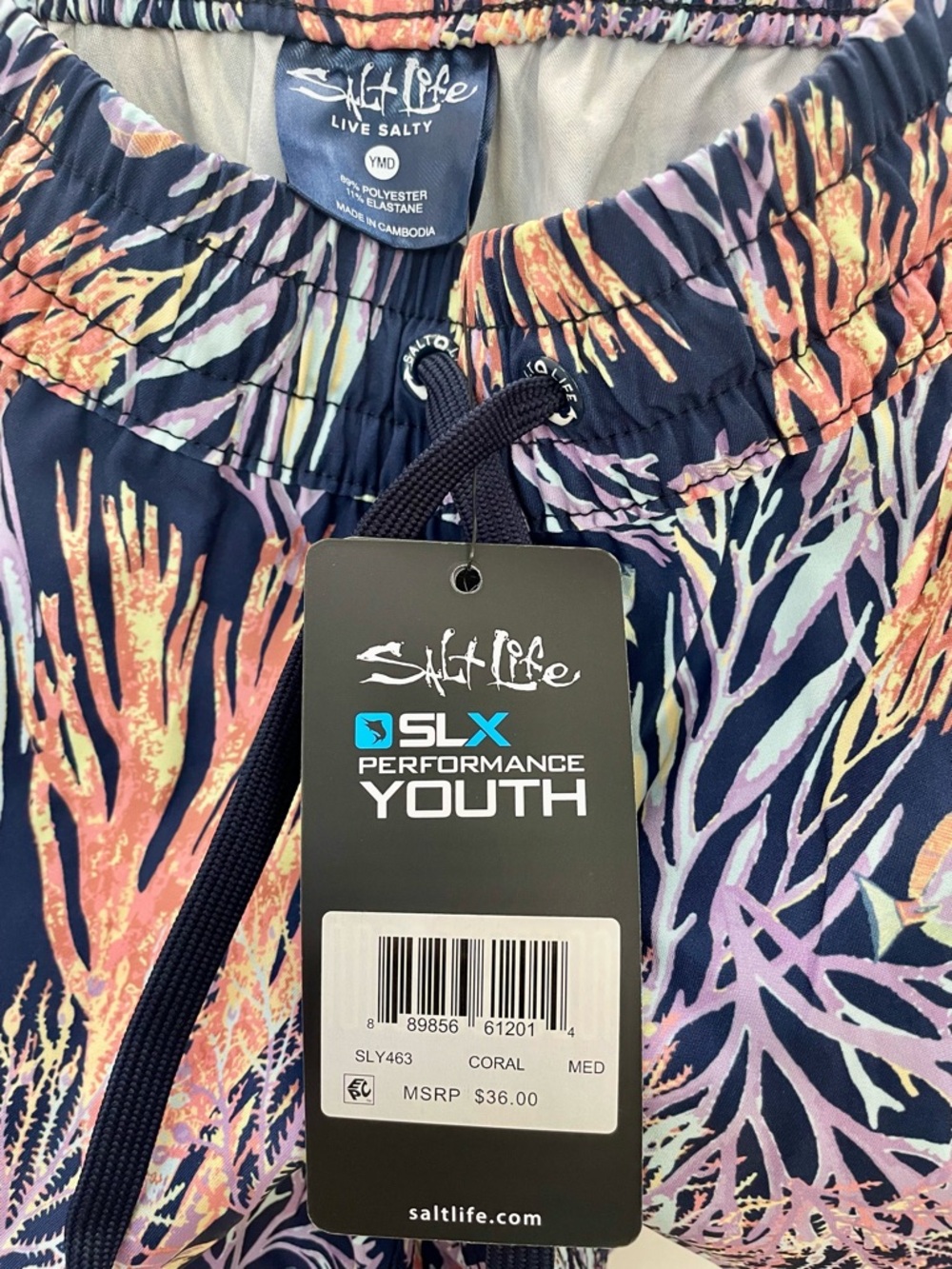 Salt Life Youth Coral Reef Shorts - Navy with Pink & Peach - Picture 5 of 6